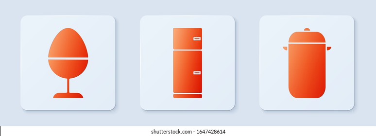 Coloque el refrigerador, el huevo de pollo en un puesto y la olla de cocina. Botón cuadrado blanco. Vector