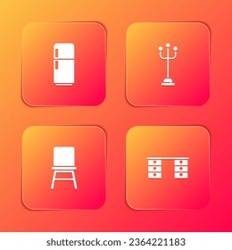 Set Refrigerator, Coat stand, Chair and Office desk icon. Vector