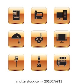 Set Refrigerator, Construction jackhammer, Blender, Electric circular saw, mixer and Computer monitor icon. Vector