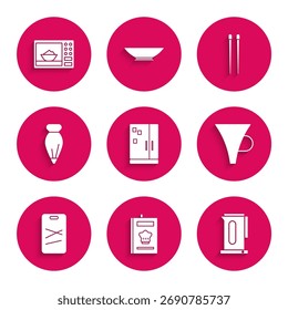 Set Frigorífico, Cookbook, Chaleira com alça, Funil filtro, Cutting board, Saco de massa para decorar bolos, pauzinhos de comida e ícone de forno de micro-ondas. Vetor