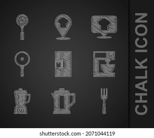 Set Refrigerator, Electric kettle, Fork, mixer, Blender, Frying pan, Chef hat with location and Spatula icon. Vector