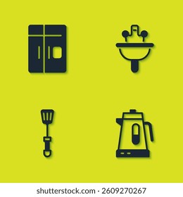 Set Refrigerator, Electric kettle, Spatula and Washbasin icon. Vector