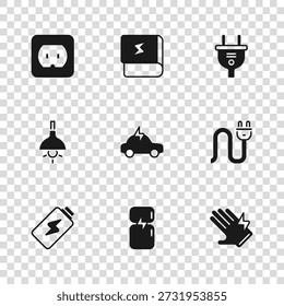 Refrigerador, enchufe eléctrico, guante, coche, toma de corriente eléctrica, libro sobre la electricidad y la lámpara colgando icono. Vector