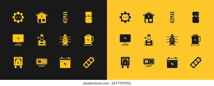 Set Refrigerator, Electrical outlet, tower line, Car battery, Electrician, LED light bulb,  and Smart home icon. Vector