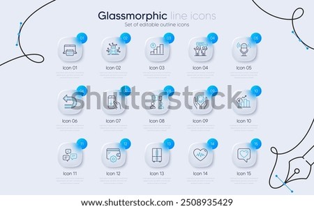 Set of Refrigerator, Graph chart and Wallet line icons for web app. Heart, Euro rate, Puzzle options icons. Scroll down, Voting campaign, Chat messages signs. Calendar, Undo, Microphone. Vector