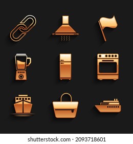 Set Refrigerator, Handbag, Ship, Oven,  and Blender icon. Vector