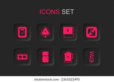 Set Kühlschrank, Hochspannung, Elektrische Tafel, Wasserkocher, Kein Blitz, LED-Glühbirne, Buchen Sie über Strom und Auslass Icon. Vektorgrafik