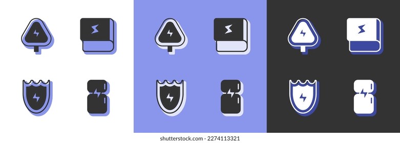 Set Refrigerator, High voltage, Lightning and shield and Book about electricity icon. Vector