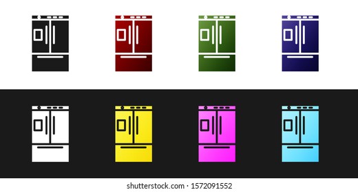 Set Refrigerator icon isolated on black and white background. Fridge freezer refrigerator. Household tech and appliances.  Vector Illustration