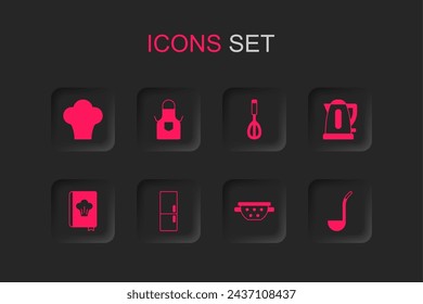 Set Refrigerator, Kitchen apron, Chef hat, colander, Electric kettle, ladle, whisk and Cookbook icon. Vector