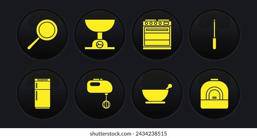 Set Refrigerator, Knife sharpener, Electric mixer, Mortar and pestle, Oven, Electronic scales,  and Frying pan icon. Vector