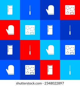 Set Refrigerator, Knife sharpener, Oven glove and Electric stove icon. Vector