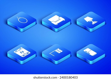 Set Refrigerator, Mirror, Office desk, Wardrobe, Armchair and Table lamp icon. Vector