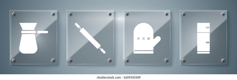 Set Refrigerator, Oven glove, Rolling pin and Coffee turk. Square glass panels. Vector