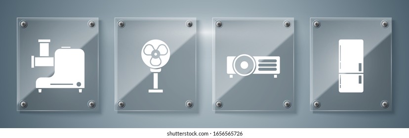 Set Refrigerator , Presentation, movie, film, media projector , Electric fan  and Kitchen meat grinder . Square glass panels. Vector