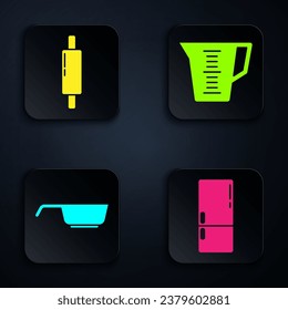 Set Refrigerator, Rolling pin, Frying pan and Measuring cup. Black square button. Vector