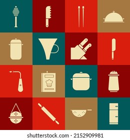 Set Refrigerator, Salt and pepper, Knife, Food chopsticks, Funnel filter, Cooking pot, Honey dipper and  icon. Vector
