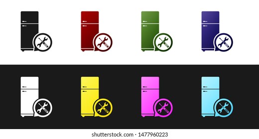 Set Refrigerator with screwdriver and wrench icon isolated on black and white background. Adjusting, service, setting, maintenance, repair, fixing.  Vector Illustration