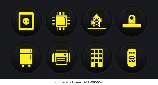 Set Refrigerator, Security camera, Printer, House, Antenna, Processor with microcircuits CPU, Remote control and Electrical outlet icon. Vector