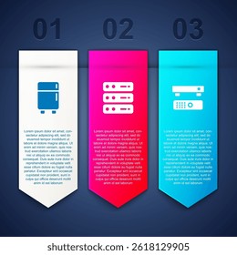 Configurar Frigorífico, Servidor, Dados, Hospedagem Web e Multimídia e caixa de TV. Modelo de infográfico comercial. Vetor
