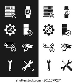 Set Refrigerator service, Wrench and screwdriver in gear, Database server, Smartwatch, Gamepad, Security camera, Crossed wrench and  icon. Vector
