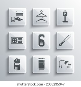 Set Refrigerator, Shower head, Knife, Please do not disturb, Trash can, Electrical outlet, Digital door lock and Parking icon. Vector