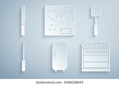 Set Refrigerator, Spatula, Knife sharpener, Oven, Electric stove and Bread knife icon. Vector