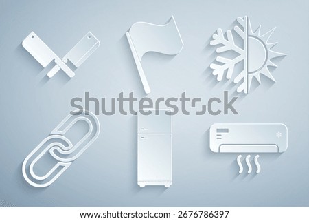 Set Refrigerator, Sun and snowflake, Chain link, Air conditioner, Flag and Crossed meat chopper icon. Vector