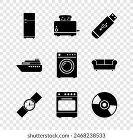 Set Refrigerator, Toaster with toasts, USB flash drive, Wrist watch, Oven and CD DVD disk icon. Vector