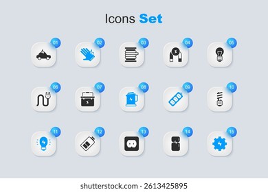 Set Refrigerator, Toolbox electrician, Electric glove, Creative lamp light idea, Gear and lightning, LED bulb, car and kettle icon. Vector