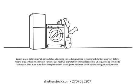 Set of refrigerator and washing machine one line. Electronic tools. Abstract minimal continuous line isolated on white background.