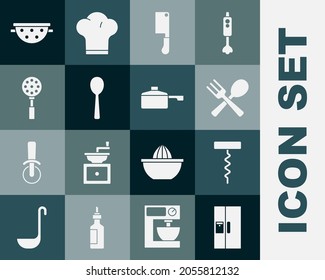 Set Refrigerator, Wine corkscrew, Crossed fork and spoon, Meat chopper, Spoon, Spatula, Kitchen colander and Frying pan icon. Vector