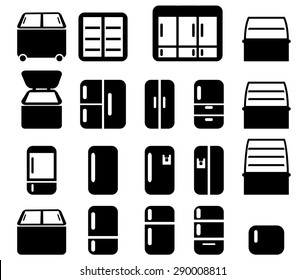 Set of refrigerator,cold storage and cake cabinet in black silhouette flat icon.