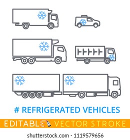 Set of refrigerators for a freezing and delivery of quickly spoiling products. Easily edited template isolated on a white background. Editable stroke sketch icon. Stock vector illustration.