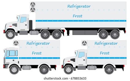 Set of refrigerators for a freezing and delivery of quickly spoiling products. Easily edited template isolated on a white background.