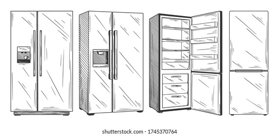 Set refrigerators isolated on white background. Vector illustration of a sketch style.