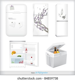 Set of refrigerators with labels and products svg