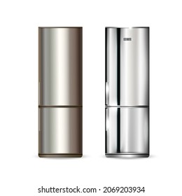 A set of refrigerators made of painted metal and chrome. Electrical appliance for the kitchen.