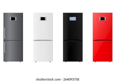 Set of Refrigerators: white, red, black, silver.    Vector illustration isolated on white background