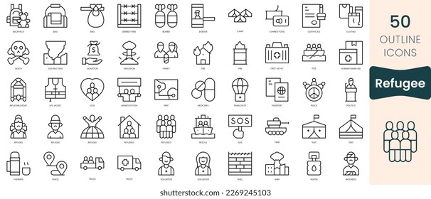 Set of refugee icons. Thin linear style icons Pack. Vector Illustration