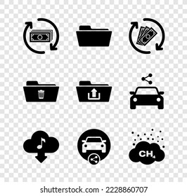 Set Refund money, Folder, , Cloud download music, Car sharing and Methane emissions reduction icon. Vector