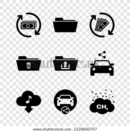 Set Refund money, Folder, , Cloud download music, Car sharing and Methane emissions reduction icon. Vector