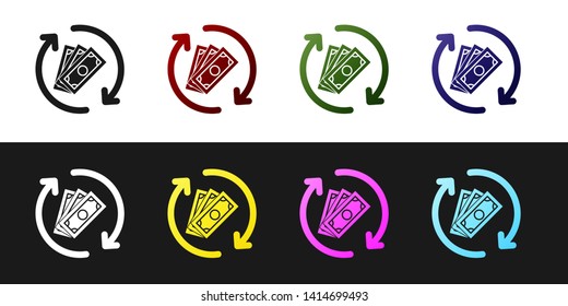 Set Refund money icon isolated on black and white background. Financial services, cash back concept, money refund, return on investment, savings account. Vector Illustration