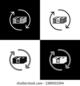 Set Refund money icons on black and white background. Financial services, cash back concept, money refund, return on investment, savings account. Line, outline and linear icon. Vector Illustration