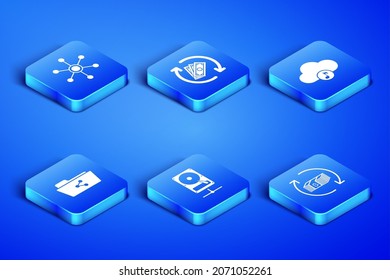 Establezca Reembolso de dinero, Red, red de uso compartido de unidades de disco duro, carpeta de recursos compartidos e icono de servicio de streaming de música. Vector