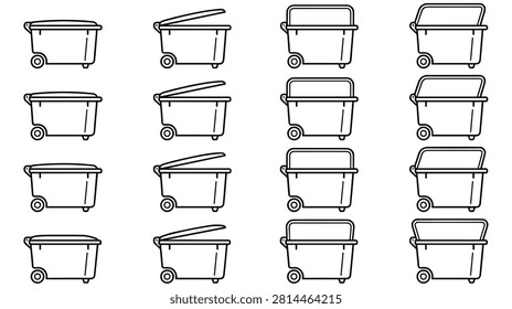 Set of refuse container icons with open and closed lids representing waste management systems in professional thin line vector illustration.