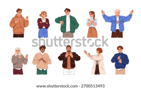 Set of refusing people. Men and women say stop or no with hand gestures. Characters denial, disagree, showing negative body language signs. Flat isolated vector illustrations on white background