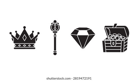 Set of regal royal symbols featuring crown scepter diamond and treasure chest