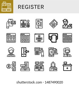 Set of register icons such as Register, Payment, Login, Medical certificate, Cashier, Price list, Clerk, Front desk , register