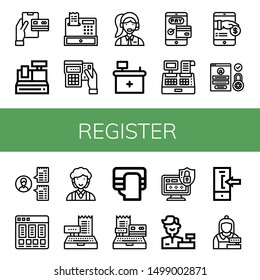 Set of register icons such as Payment, Cash register, Register, Clerk, Front desk, Cashier, Login, Price list ,